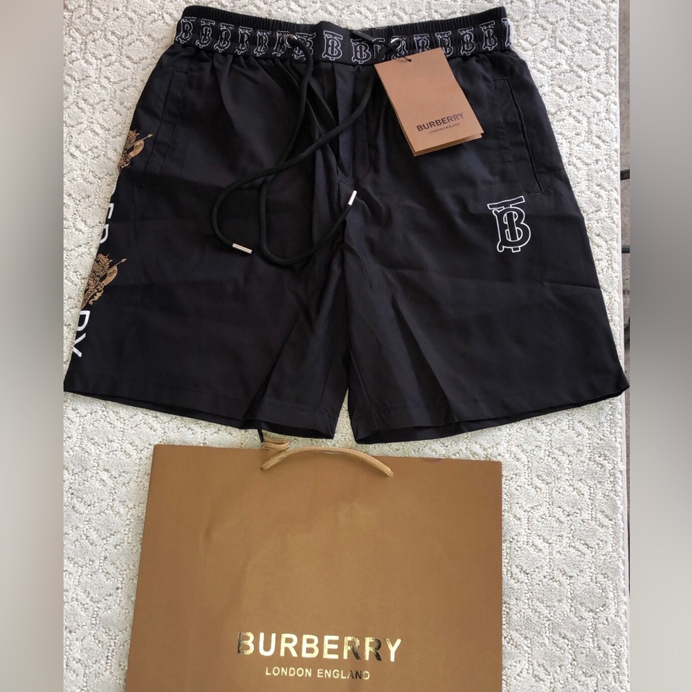 Burberry Black Athletic Shorts with White TB Logo and Gold Crest